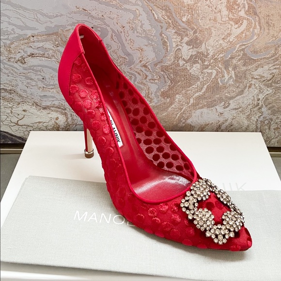 New! Manolo Blahnik Hangisi Red Jewel Buckle Pumps - Picture 7 of 11